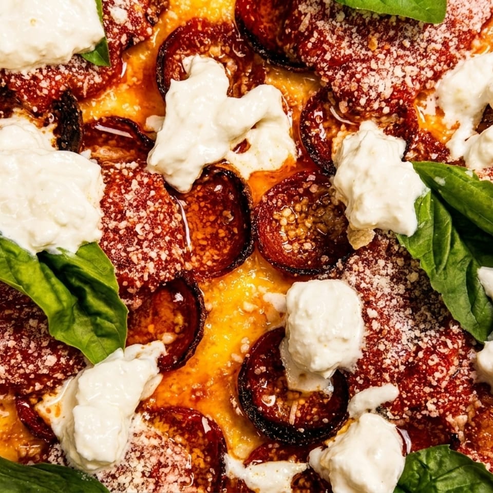 Close-up of a pepperoni pizza with dollops of fresh ricotta cheese, basil, and grated parmesan.