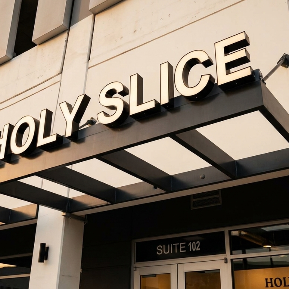 The Holy Slice restaurant sign with white letters on a dark background, above the entrance.