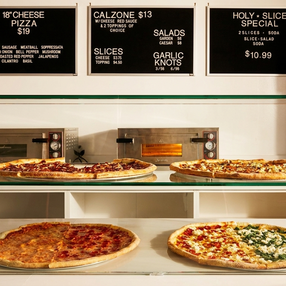 A glass display case shows four pizzas, with menu boards for Holy Slice above.