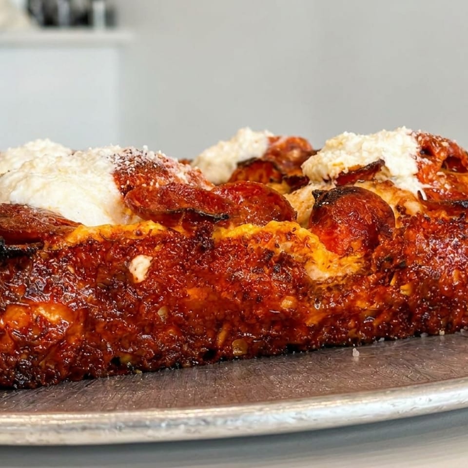 Deep-dish pepperoni pizza with dollops of ricotta cheese and grated parmesan on a metal tray.