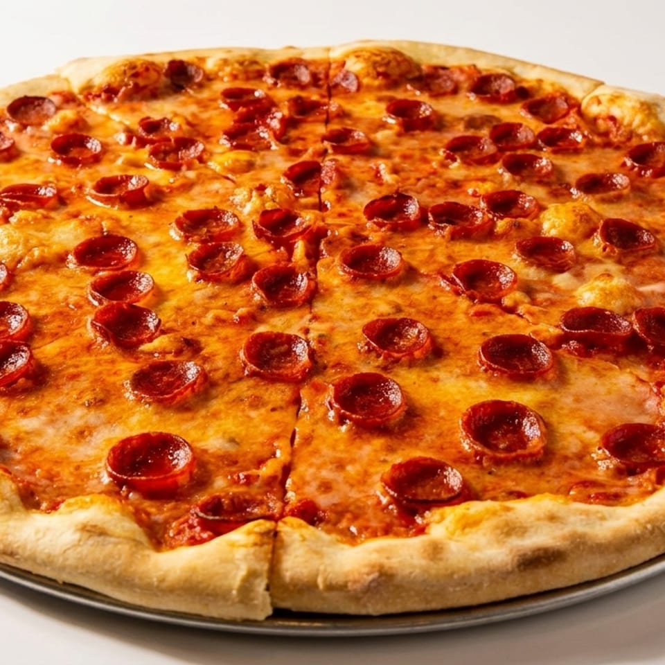 Large pepperoni pizza with melted cheese and a golden crust on a metal tray.