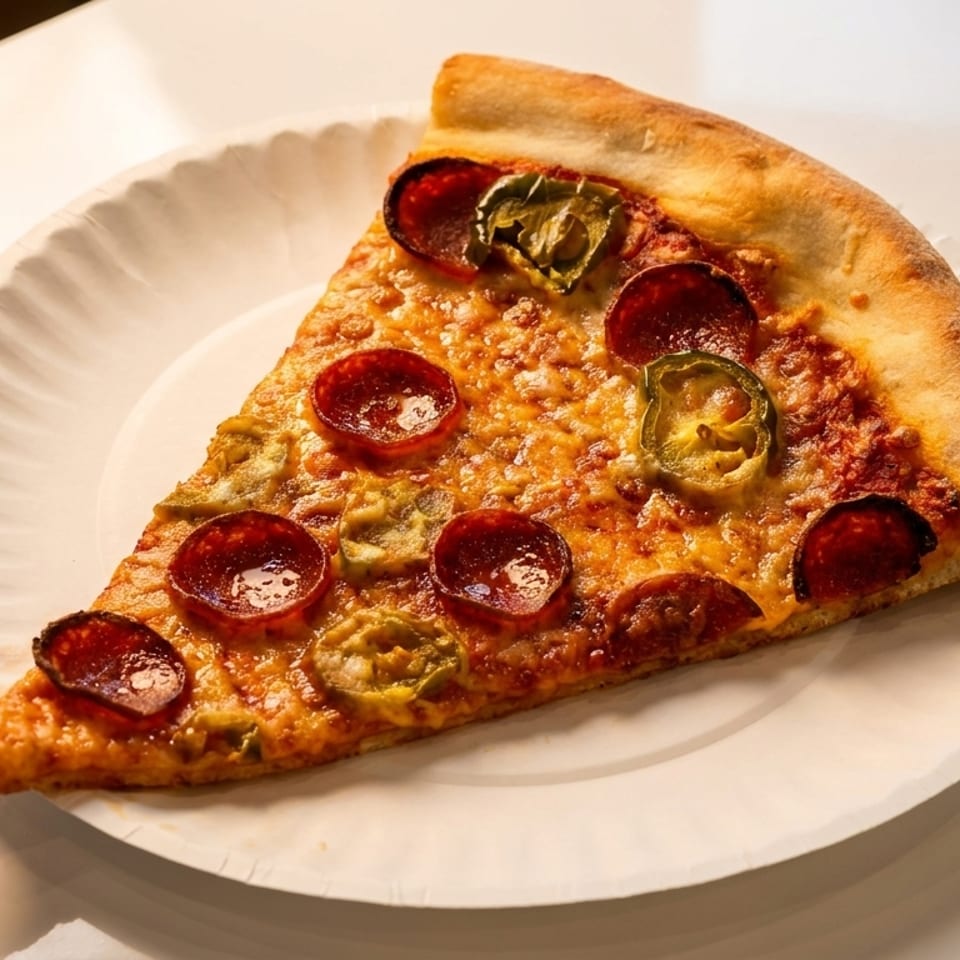 A single slice of pepperoni and jalapeño pizza on a white paper plate.