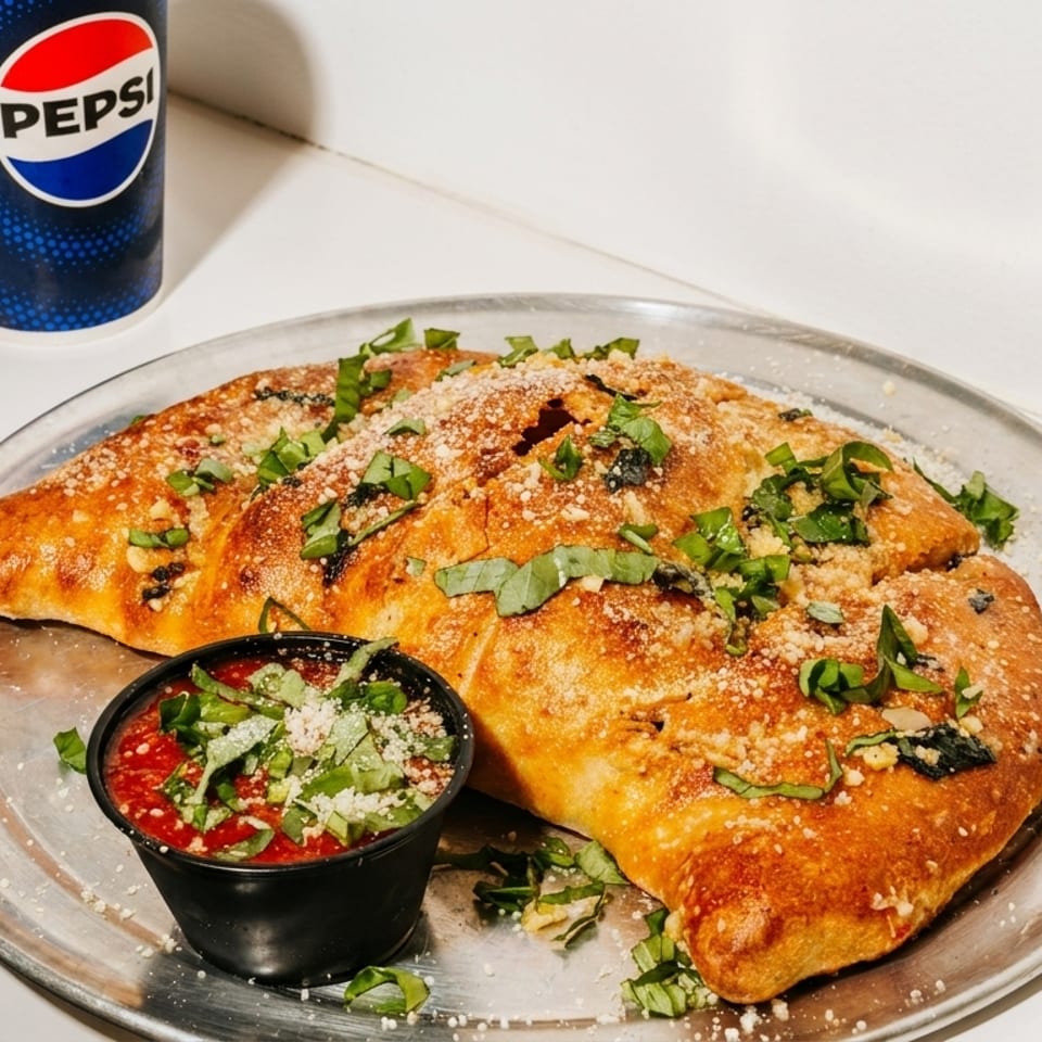 Golden-brown calzone with herbs and parmesan, served with marinara sauce and a Pepsi.
