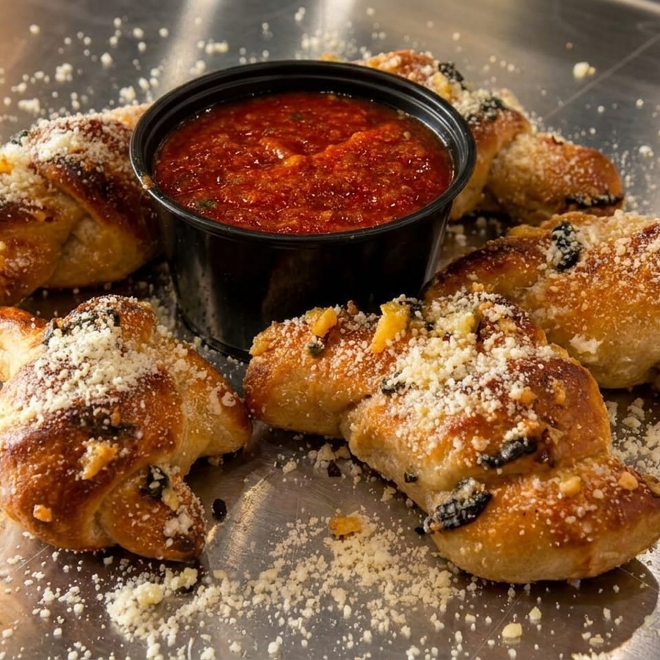 Garlic knots with parmesan cheese and herbs, served with a side of marinara sauce.